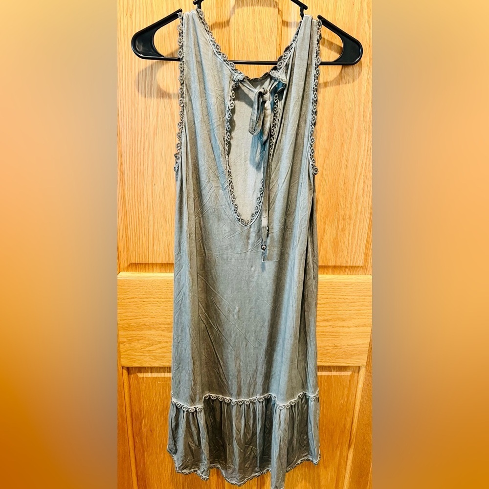 POL Antique Green Sleeveless Dress with Back Cut Out & Tie Bead Accents